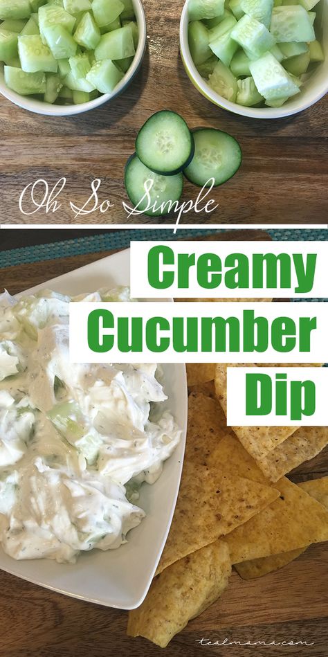 Creamy cucumber dip -- super easy and packed with flavor.  Pair with tortilla chips, pita chips, crackers or veggies! Cucumber Dip Recipe, Cucumber Dip, Appetizers Easy Dips, Healthy Appetizers Easy, Creamy Cucumbers, Cheese Chips, Taco Dip, Healthy Dips, Party Appetizers Easy