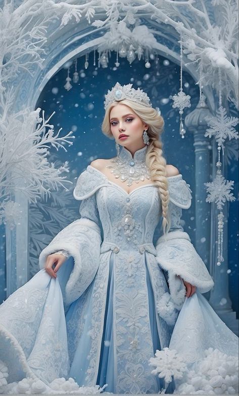 Princess Dress Fantasy, Queen Dress Gowns, Fantasy Dress Drawing, Frozen Crown, Snow Queen Costume, Fairytale Gown, Winter Princess, Ethereal Dress, Snow Dress