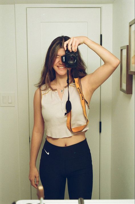 mirror selfie with a film camera #nikon8008 #filmphotography #mirrorselfies #nike #fashion Film Camera Mirror Selfie, Mirror Camera Selfie, Mirror Selfie With Camera, Camera Selfie Aesthetic, Dslr Selfie, Camera Mirror Selfie, Film Photography Aesthetic, Indoor Shoot, Mirror Video