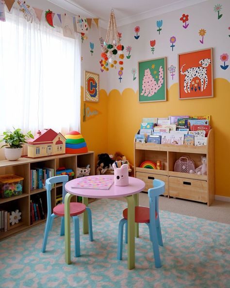 SPARK JOY AND FUN: CREATING AN ENERGY-BOOSTING KID'S ROOM - Kids Interiors Funky Playroom Ideas, Wallpaper In Kids Room, Yellow Playroom Ideas, Fun House Interior, Mcm Playroom, Playroom In Bedroom Ideas, Bright Colorful Nursery Ideas, Playroom Inspiration For Kids, Colorful Kids Playroom