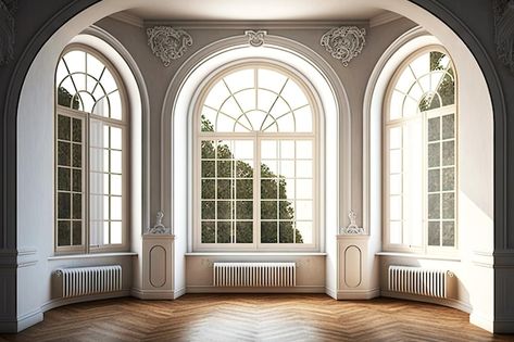 Large French Windows, Arch Window Design, Interior Design New Classic, Georgian Bedroom, Palace Background, Large Windows Living Room, Arch Windows, Window Background, Home Window Grill Design