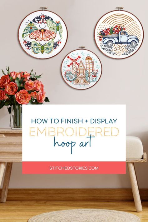 Now that you've finished your embroidery pattern, you're ready to display or gift it. Read this Stitched Stories blog post to find out how to finish embroidery hoops and how to display your embroidery projects in your home. Displaying Cross Stitch Wall Art, How To Hang Cross Stitch On Wall, How To Wrap Embroidery Hoop, How To Hang Embroidery, Embroidery Hoop Wall Art Display, How To Hang Embroidery Hoop On Wall, Display Embroidery Hoop, Displaying Embroidery Wall Decor, How To Finish An Embroidery Hoop