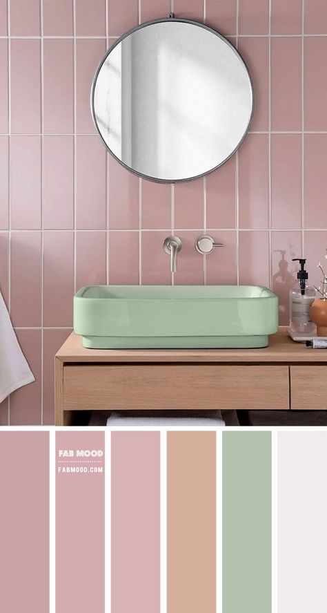 Want pretty and feminine bathroom? Think Pink! This mauve pink bathroom by Topps Tiles prove it’s a great choice for any modern home. Pink wall contrasts with... Pink And Green Toilet, Pastel Pink Bathroom Decor, Mauve Tile Bathroom Ideas, Pink Bathroom Tiles Color Schemes, Bathroom Pink And Green, Pink And Green Tiles, Pink Tile Bathroom Ideas Color Schemes, Bathroom Pink Green, Sage And Pink Bathroom