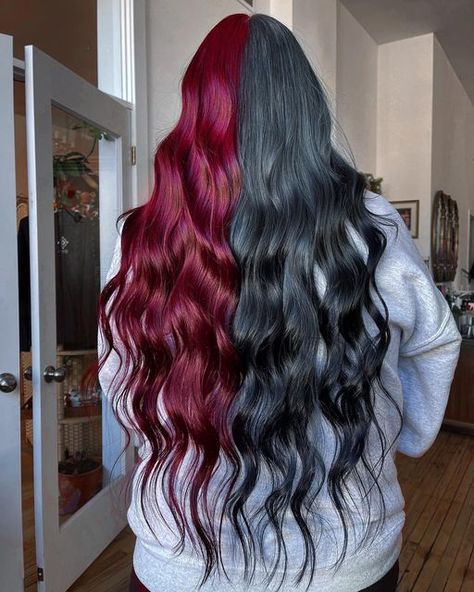 🕷🖤 HAIR • MAKEUP • FASHION 🖤🕷 on Instagram: "Dead rose red and smoked out gray 🥀🌪️ Loved this half and half on my long haired client!! Using @pravana 6.66 + scarlet red vivids everlasting, and a custom silver vivids formula into smokey black ends. #pravana #pravanavivids #holidayhair #hair #minneapolishair #winterhair #longhair #pravanapartner #brazilianbondbuilder #hairandmakeupbykaylaboyer" Bright Hair Colors Split Dye, Red And Gray Hair, Half And Half Dyed Hair, Grey And Red Hair, Silver And Red Hair, Red And Grey Hair, Half Black Half Red Hair, Gray And Red Hair, Half Red Half Black Hair