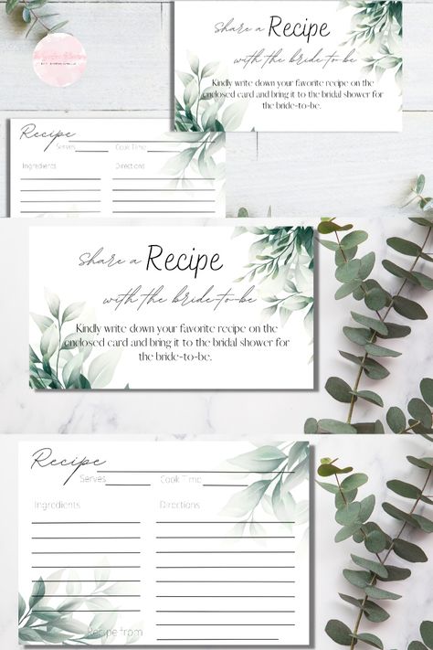 Greenery Eucalyptus Recipe Cards, Bridal shower Recipe Card Inserts, Boho Recipe Cards, Bridal Shower Recipe Request Cards, Instant Download #bridalshowergames #recipecardsbridal #recipecards #recipeinsert #bohorecipecard #weddingrecipecard #reciperequest #etsyseller #handmade #smallbusiness #bridalshower #etsy #etsyshop #etsyfinds Bridal Shower Recipe Request, Bridal Shower Recipe Cards, Bridal Shower Recipe, Bridal Shower Food, Proposal Box, Bridesmaid Proposal Box, Bridal Brunch, Recipe Card, Bridal Shower Games