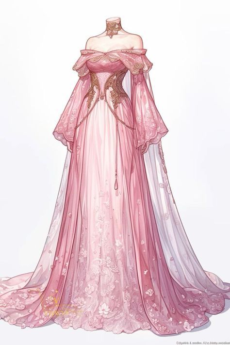 Anime Dresses Design, Royalty Outfits Dresses, Fantasy Dress Design Art, Pink Dress Drawing, Princess Dress Art, Dnd Clothing Design, Princess Dresses Pink, Dnd Princess, Pink Dress Princess