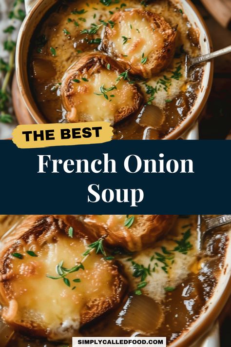 Savor the flavors of French cuisine with our easy French onion soup recipe. This rich and tasty dish is simple and quick to make, ideal for any diet. Using healthy, best-quality ingredients, it's a staple of hearty comfort food. You can prepare French onion soup in a Crock Pot, Instant Pot, slow cooker, or stove top, according to cookware preferences. This delicious, homemade soup brings France to your kitchen. For the French onion soup recipe and other soup recipes, visit SimplyCalledFood.com. Easy French Onion Soup Recipe, Easy French Onion Soup, Homemade French Onion Soup, Best French Onion Soup, Classic French Onion Soup, Onion Soup Recipe, Sweet Onions, French Onion Soup Recipe, Onion Soup Recipes