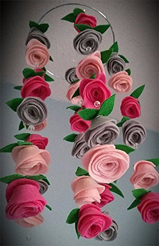 Handmade Nursery Candy Pink, Baby Pink and Gray Felt Rose Mobile * Visit the image link more details. Rose Mobile, Floral Ceiling, Pink And Gray Nursery, Felt Rose, Hanging Crib, Grey Nursery Decor, Gray Nursery, Flower Hanging, Felt Roses