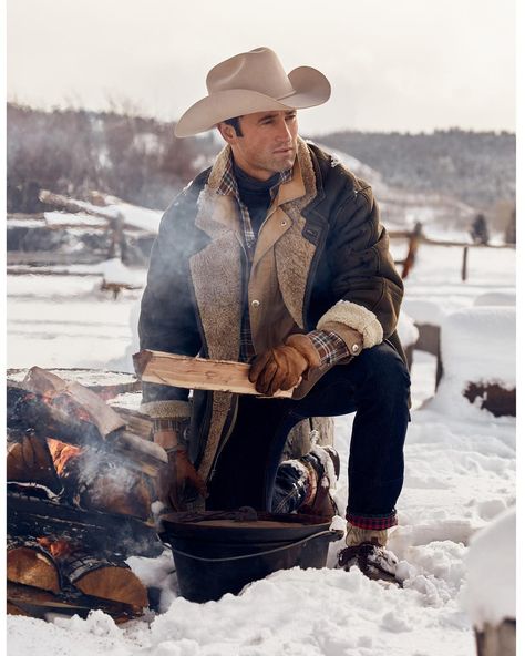 Winter is here! | Shot on the Diamond Cross Ranch for @luxurycard | Bundle up and get cozy by the fire in this @RalphLauren shearling coat… Winter Cowboy Aesthetic, Cowboy Winter Outfits, Winter Cowboy Outfit, Cowboy Outfit Men, Western Winter Fashion, Diamond Cross Ranch, Winter Cowboy, Cowboy Outfit For Men, Winter Fashion For Women