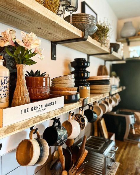 I realised I haven’t shared a full shot of the open shelves so here they were in all their glory! Hard to get them all in though due to our… | Instagram Open Shelves Near Stove, Open Shelves Above Stove, Corner Shelves In Kitchen, Corner Open Shelves Kitchen, Open Kitchen Shelves Styling, Small Kitchen Open Shelving, Kitchen Shelves Styling, Shelves In The Kitchen, Island Remodel