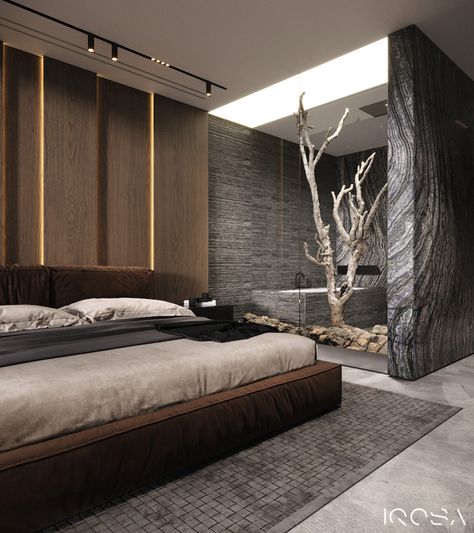 Smoky Grey Interior With Warm Ambient Lighting Japandi Bedroom Design, Design Ložnic, Japandi Bedroom, Modern Luxury Bedroom, Bed Design Modern, Black Bedroom, Luxury Bedroom Master, Bedroom Bed Design, Modern Bedroom Design