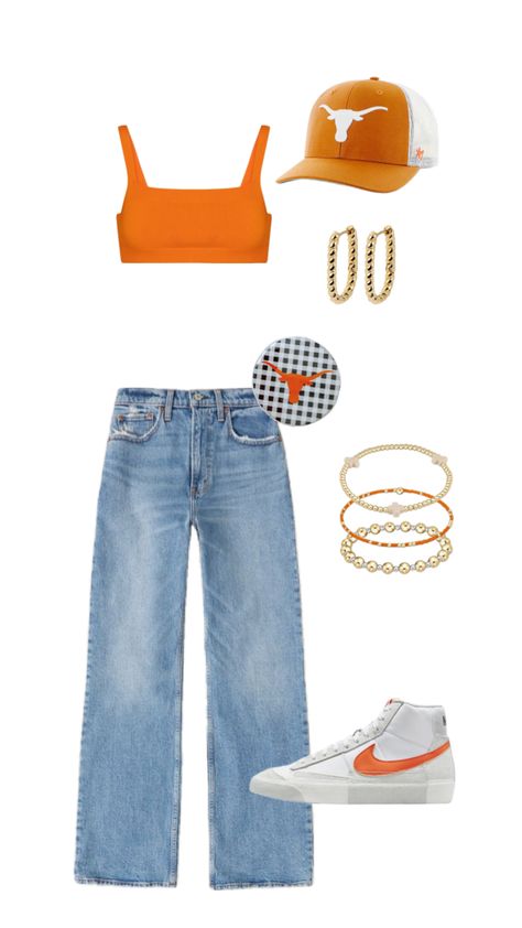 ut austin game day outfit Simple Game Day Outfits, Ut Gameday Outfit, Game Day Outfit College, Texas Longhorns Outfits, Sac State, Tailgate Outfits, Ut Austin, College Game Days, Tailgate Outfit