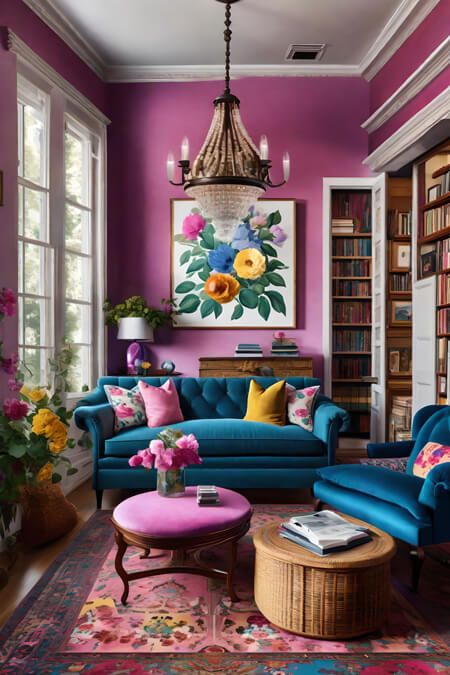 Maximalist Decor Victorian, Blue And Green Eclectic Living Room, Aquamarine Living Room, Jewel Toned Living Room Ideas, Maximalist Blue Living Room, Colorful Maximalist Office, Enclosed Tv Cabinet Hidden Tv Over Fireplace, Timothy Oulton Living Rooms, Bright Pink Living Room