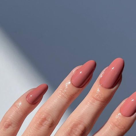 Dark Peach Nails, Plain Almond Nails, Peachy Pink Nails, Salmon Nails, Almond Gel Nails, Peach Nails, Formal Nails, One Color Nails, Almond Nail