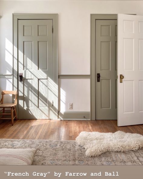 Interior Door Color, Hallway Makeover, Hallway Colours, French Gray, Hallway Inspiration, Grey Doors, Farrow And Ball, Green Door, Updating House