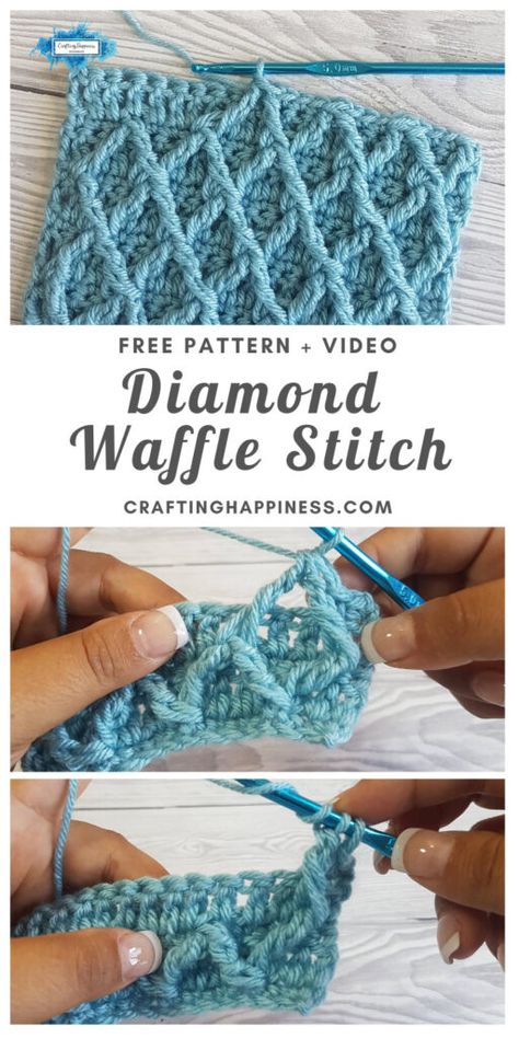 Learn how to crochet the Diamond Waffle Stitch with the free step by step photo tutorial and video for beginners from Crafting Happiness.#crochetblankets #crochetafghans #crochetstitches #crochetpatterns #freecrochetpatterns #crochetforbaby #crochetprojects #crochetbaby #babyblankets #stitchesforblankets #craftinghappiness Pretty Crochet Stitches, Pola Sweater, Crochet Diamond, Crochet Waffle Stitch, Crochet Stitches Free, Waffle Stitch, Crochet Tips, Crochet Stitches For Beginners, Learn How To Crochet