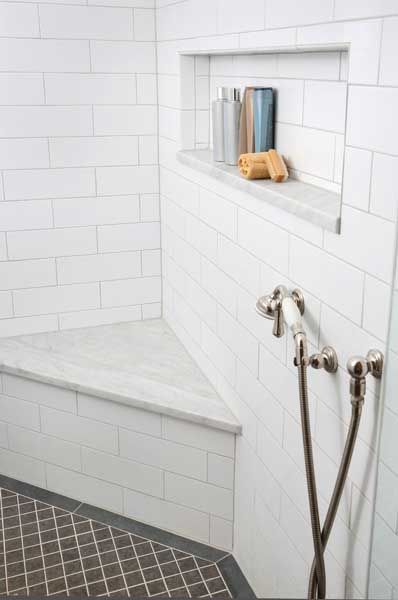 Spa-Like Bathroom Remodeling Design Featuring Marble : Normandy Remodeling Shower Bench Built In, Corner Shower Bench, Shower Benches, Bathroom Bench, Cream Chair, Master Shower, Spa Like Bathroom, Shower Bench, Bench Ideas