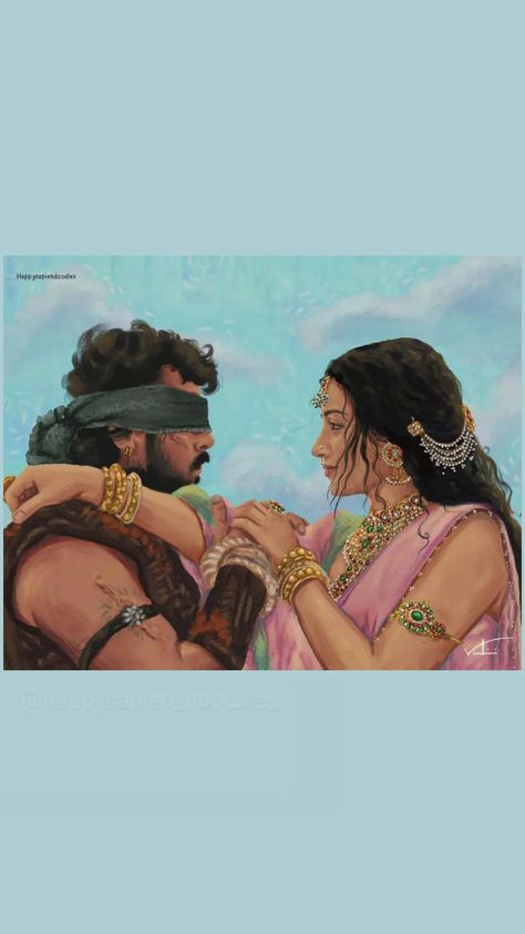 Ponniyin Selvan, Actors Illustration, Romantic Couple Images, Scene Drawing, Movie Pic, Creative Birthday Gifts, Movies Worth Watching, South Indian Jewelry, Indian Aesthetic