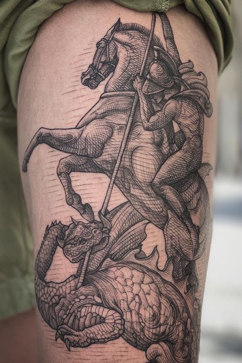 St George Dragon Tattoo, Dragon Engraving Tattoo, Medieval Dragon Tattoo Sleeve, St George Tattoo Design, St George And The Dragon Tattoo, San Giorgio E Il Drago Tattoo, Saint George And The Dragon Tattoo, Midevil Tattoos Sleeve, Rennisance Tattoo