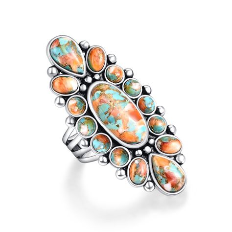 PRICES MAY VARY. Exquisite Flowers: The surface of this women's statement ring is made up of oval and round turquoise stones that form a beautiful flower, adding a touch of glamor and personality. Trusted Materials: Turquoise rings for women made from high quality 925 sterling silver is hypoallergenic and safe for sensitive skin, allowing you to wear it with confidence and comfort. Exquisite craftsmanship: Every piece of this boho western rings is meticulously crafted, and we focus on aesthetics Western Rings, Large Turquoise Ring, Bohemian Flower, Bohemian Flowers, Teal Turquoise, Southwestern Jewelry, Statement Ring Silver, Turquoise Stones, Turquoise Rings