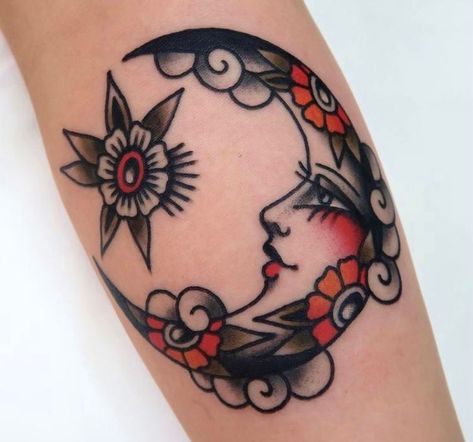 Traditional Tattoo Inspiration, Celestial Tattoo, Traditional Style Tattoo, Tattoo Filler, Tattoo Old School, Traditional Tattoo Sleeve, Moon Tattoo Designs, Elbow Tattoos, Traditional Tattoo Art