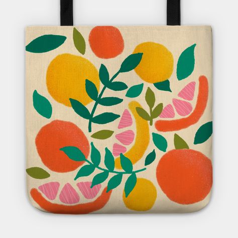 Features textured citrus fruits and leaves. -- Choose from our vast selection of tote bags to match with your desired size to make the perfect custom tote. Pick your favorite: Movies, TV Shows, Art, and so much more! Available in Single Sided Print or Double Sided Print in small, medium, and large. Perfect for work, class, the beach, and leisure. Fruit Block Print, Canvas Bag Art, Fruit Bags, Fruit Images, Tote Bag Painting, Ladies Event, Bag Painting, Fruits Images, Painted Tote