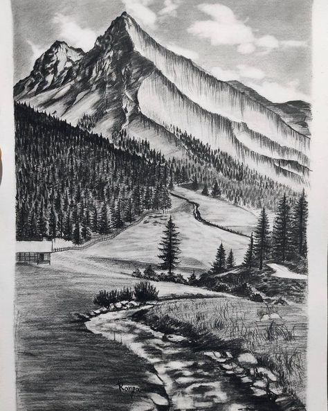 Himalaya Drawing, Landscape Sketch Pencil Nature, Colour Pencil Art Landscapes, Nature Sketches Pencil, Sketches Landscape, Horse Drawing Tutorial, Sketch Tips, Forest Sketch, Pine Tree Drawing