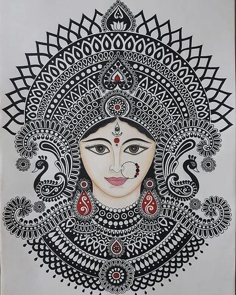 Hanuman Outline Images, Navratri Devi Drawing, Madhubani Outline, Dasara Drawing, Ma Durga Mandala Art, Devi Drawing, Navratri Ideas, Easy Mandala Drawing, Amoled Wallpapers