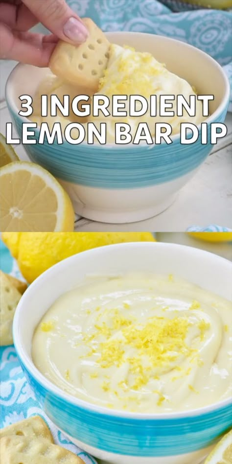 Only THREE ingredients for this delicious and easy Lemon Bar Dip #dessert #dip Dip Dessert, Soup Shooters, Dessert Dip Recipes, Smores Dessert, Lemon Bars Easy, Dessert Dip, Easy Dip, Coconut Dessert, Lemon Bar