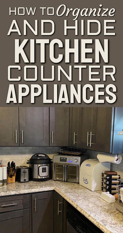 Dreaming of a clutter free kitchen in a clutter free home? Here's how to organize and hide small kitchen counter appliances with clever storage and kitchen clutter solutions Small Appliance Storage Pantry Cabinets, Appliance Storage In Small Kitchen, Appliance Corner Kitchen, How To Hide Things On Kitchen Counter, What Goes On Kitchen Counters, Kitchen Appliances Cabinet Storage Ideas, Kitchen Hacks For Small Kitchens, Kitchen Cleaning Storage Ideas, Add More Storage To Kitchen