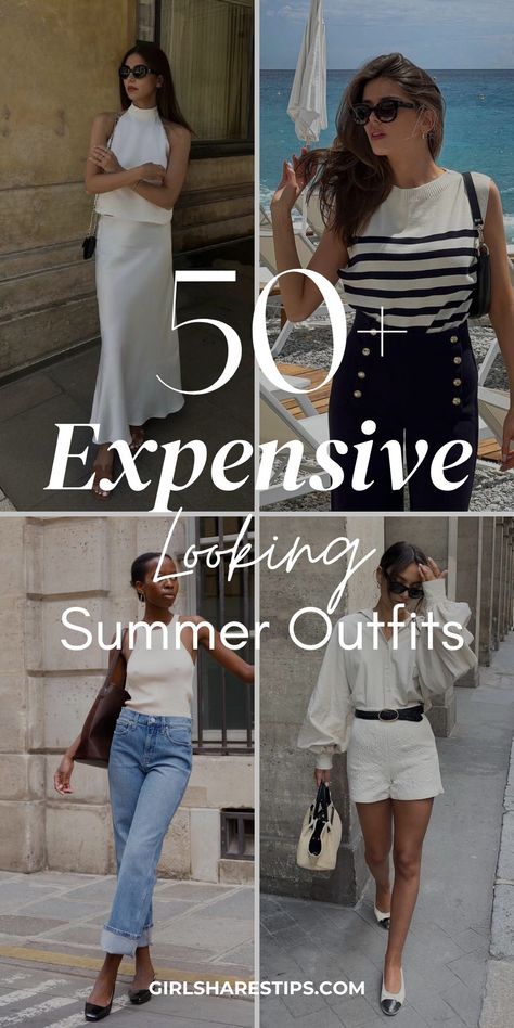 50  Simple Chic Summer Outfits to Look Expensive and Elegant | Summer Fashion Trends Raining Outfit Summer, Luxury On A Budget Fashion, Sophisticated Summer Outfits Casual, Rich Mom Aesthetic Outfits Summer, Elegant Summer Looks, Classic Vacation Outfits, Outfits That Make You Look Rich, Elegant Beach Outfit Classy, Classy Summer Outfits Aesthetic Casual