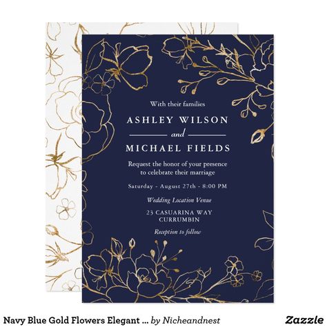 Navy Gold Wedding Invitations, Blue Gold Wedding Invitation, Gold Wedding Invitations Elegant, Outdoor Wedding Invitations, Cricut Invitations, Event Invitation Design, Navy Gold Wedding, Navy Blue And Gold Wedding, Gold Wedding Flowers