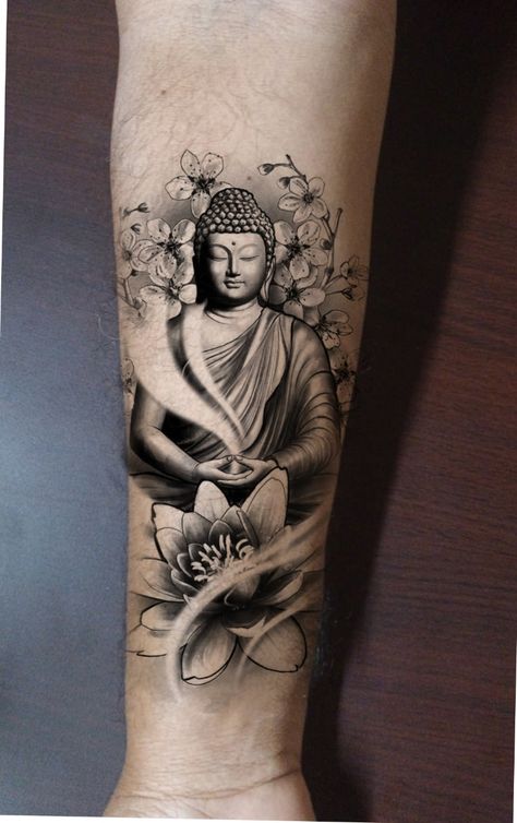 Thai Buddha Tattoo Design, Buddha And Mandala Tattoo, Buddha Tattoo Thigh, Bhairava God Tattoo, Lord Buddha Tattoo Design, Buddha Tattoos For Women, Buddah Tattoo For Women Arm, Buddha Flower Tattoo, Buddha Tattoo Forearm