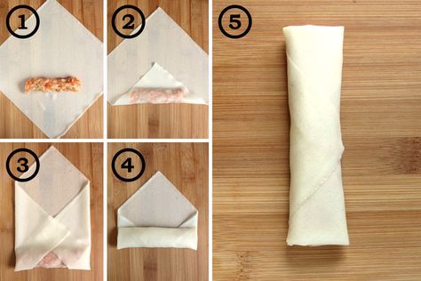 How to Fold Lumpia Wrappers | YummyAddiction.com barbarasangi Lumpia Wrapper Ideas, Folding Egg Rolls, Spring Roll Wrappers How To Use, How To Fold An Egg Roll Wrapper, Springroll Wrapper Recipes, How To Fold Egg Rolls, How To Roll Spring Rolls, How To Fold Spring Rolls, How To Wrap Spring Rolls