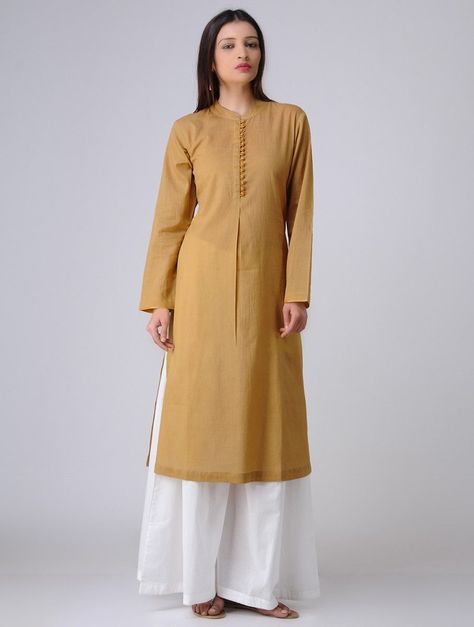 Buy Olive Pleated Cotton Mul Kurta with Potli Buttons Women Kurtas Online at Jaypore.com Cotton Kurti Set, Kurti Pattern, Kurta With Palazzo, Suit Styles, Stylish Kurtis Design, Kurta Cotton, Designer Kurti Patterns, Kurti Patterns, Kurti Set