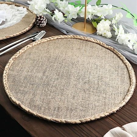 Create the perfect mood for every dinner occasion with these rustic placemats! These multipurpose round placemats with braided trim can be used in a variety of ways. Whether as a base for dinnerware or for your gorgeous centerpieces, these reusable non-fading placemats will create a trendy look and style for your formal or casual table setting. Surprise your guests with a charming and unique tablescape. The possibilities are endless! WHAT YOU GET: Each order is for four (4) placemats. Measuremen Placemat With Charger, Rustic Theme Party, Jute Placemat, Rustic Wedding Outdoor, Oval Tables, Coastal Kitchens, Rustic Placemats, Jute Placemats, Farmhouse Placemats