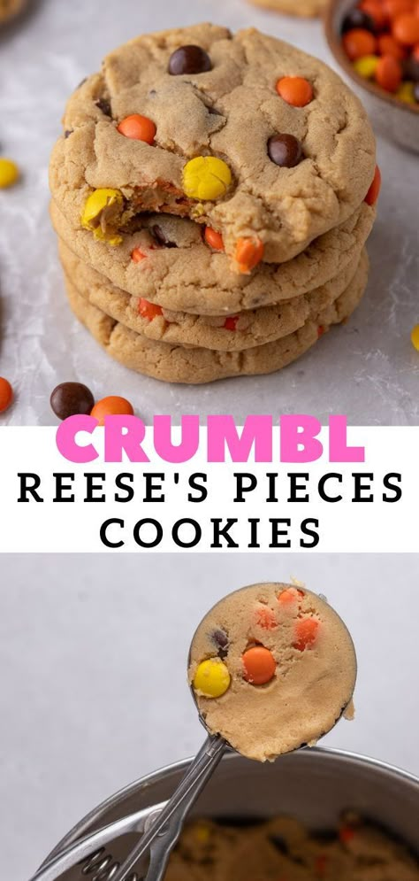 Crumbl Peanut Butter, Reese's Pieces Cookies, Crumble Cookie Recipe, Cookie Ingredients, Reese's Pieces, Cookie Base, Chewy Peanut Butter Cookies, Gourmet Cookies, Cookie Calories