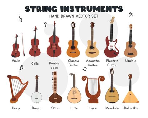 String instruments vector set. Simple cute violin, cello, double bass, classic, acoustic guitar, ukulele, harp, lyre, banjo stringed musical instrument clipart cartoon style, hand drawn doodle drawing Rondalla Instruments Drawing, String Instruments Drawing, Double Bass Aesthetic, Lyre Drawing, Music Instruments Drawing, Musical Instruments Aesthetic, Classical Music Instruments, Strings Instrument, Sitar Instrument