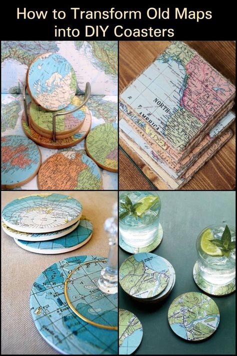 Craft Ideas Using Old Maps, Map Coasters Diy, Crafts With Old Maps, Diy Coasters Aesthetic, Crafts With Maps Diy Projects, Map Crafts Ideas, Travel Diy Crafts, Diy Coaster Ideas, Epoxy Coasters Diy