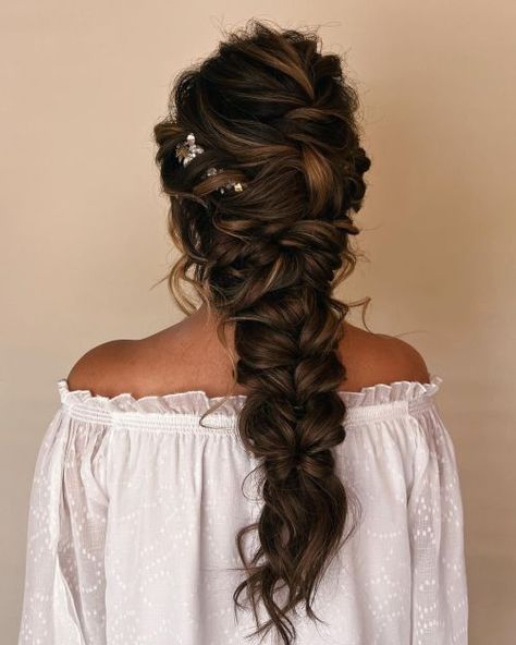 Big Braid Bridal Hair, Bride Hairstyles With Braid Wedding Updo, Bride Brown Hair Hairstyles, Wedding Updos For Long Hair Braid, Wedding Hairstyles Dutch Braid, Wedding Guest Hair For Long Hair, Braided Hair For Bride, Big Braid For Wedding, Boho Wedding Hair Braid Loose Waves