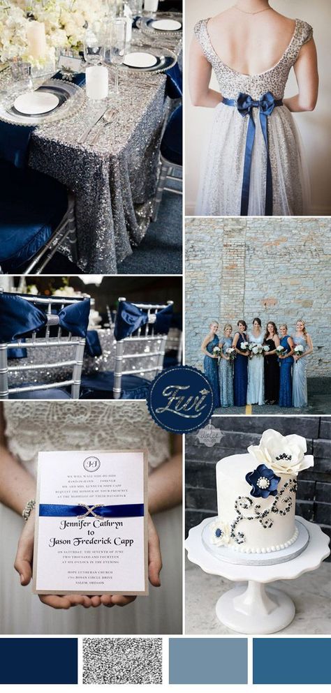 saphhire blue and silver sequin wedding coor ideas and invitations Blue And Gray Wedding, Blue And Silver Wedding, Blue Silver Weddings, Wedding Color Scheme, Gray Wedding, Blue Themed Wedding, Sequin Wedding, Wedding Colors Blue, Wedding Theme Colors