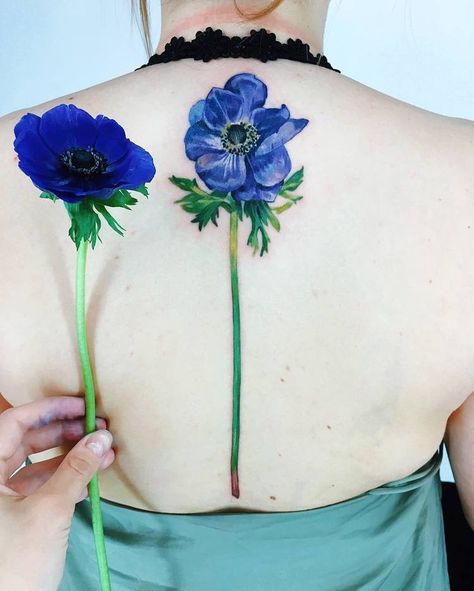 Anemone Tattoo by rit.kit.tattoo Anemone Flower Tattoo, Tattoo Artist Quotes, Anemone Tattoo, Flower Tattoo Meaning, Blue Flower Tattoos, Flower Tattoo Meanings, Flower Tattoo Back, Floral Tattoos, Botanical Tattoo