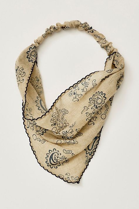 Add *the* ideal finish to every ‘fit with this stunning hair scarf featured in a staple, bandana-inspired silhouette and soft gauze fabrication with vintage-inspired printing, scalloped trim, and elasticated bottom hem for an added effortless touch. | Parker Printed Hair Scarf by Free People in Green Hair Kerchief, Silk Scarf Hair, Scarf Hair, Green Paisley, Bandana Hairstyles, Bandana Scarf, Hair Scarf, Scalloped Trim, Personal Space