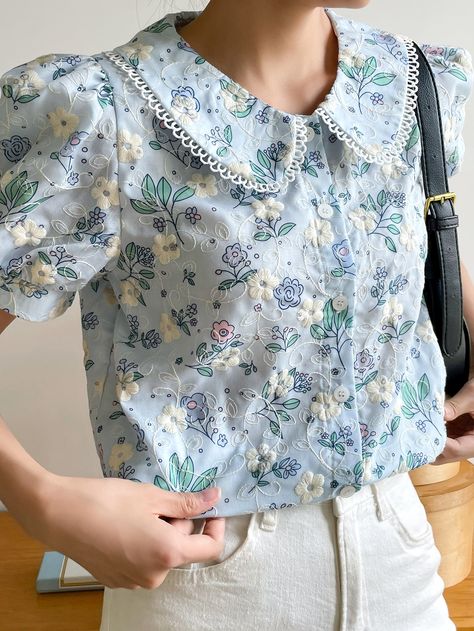 DAZY Floral Embroidery Peter Pan Collar Puff Sleeve Shirt Vintage Floral Blouse, Peter Pan Collar Blouse, Puff Sleeve Shirt, Blouse Sale, Cute Blouses, Puff Sleeve Blouse, Yellow Fashion, Pan Collar, Peter Pan Collar