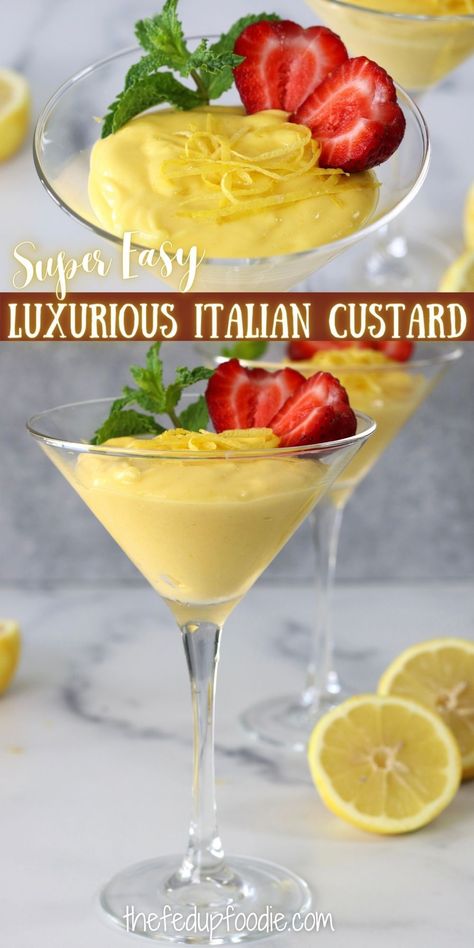 Zabaglione is an easy and elegant Italian custard that comes together very quickly and can be eaten warm or cold. This dessert is delicious served with berries and is a main component of Limoncello Tiramisu or traditional Tiramisu. #ItalianDessertsEasySimple #EasyImpressiveDessert #EasyElegantDesserts #ClassyDesserts #LimoncelloZabaglione #AuthenticItalianDesserts #EasyZabaglione Limoncello Cream Puffs, Lemoncello Recipes Desserts Easy, Limoncello Recipes Desserts, Italian Custard Desserts, Limoncello Desserts Italian, Recipes Using Limoncello, Light Italian Desserts, Authentic Italian Dessert Recipes, Italian Lemon Desserts