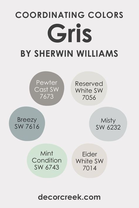 Coordinating Colors of SW 7659 Gris 1990s Decor, Eider White, Trim Color, Coordinating Colors, Off White Color, Sherwin Williams, In Space, Paint Color, The Cool