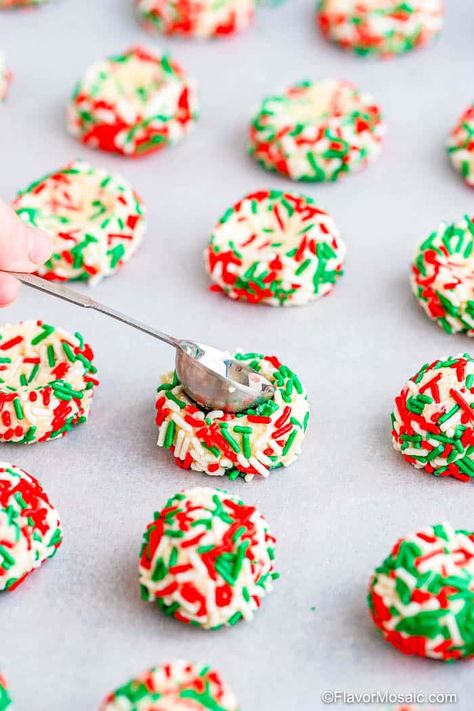 Sprinkle Thumbprint Cookies, Holiday Thumbprint Cookies, Xmas Shortbread Cookies, Shortbread Cookies Dipped In Chocolate, Thumbprint Christmas Cookies, Sprinkle Christmas Cookies, Grinch Thumbprint Cookies, Kaufman's Thumbprint Cookies, Thumb Print Cookies Recipes Christmas