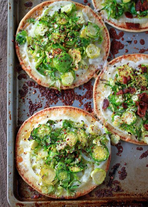 Easy Brussels Sprouts Pita Pizzas with Optional Bacon | Kitchen Treaty Pita Bread Pizza, Flatbread Pizzas, Pita Pizza, Pita Pizzas, Pizza Roll, Vegetarian Meal Plan, Inexpensive Meals, Flat Bread, Pita Bread