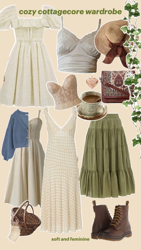 earthy garden style clothes, made up of green and warm cream tones. Neutral Earthy Tones Outfits, Earth Color Outfits Women, Earthy Tones Clothes, Outfits For Ireland In May, Earthy Cottagecore Outfits, Earth Tone Color Palette Outfit, Nature Core Outfits, Earthy Outfits Winter, Winter Earthy Outfits