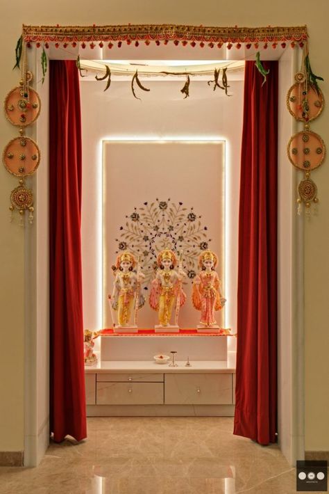 40 Best Temple-Mandir Design Ideas in Contemporary House - The Architects Diary Pooja Design, Pooja Unit, Mandir Decoration, Bungalow Interior, Hanging Curtain, Pinterest Room, The Architects Diary, Mandir Design, Small Room Design Bedroom